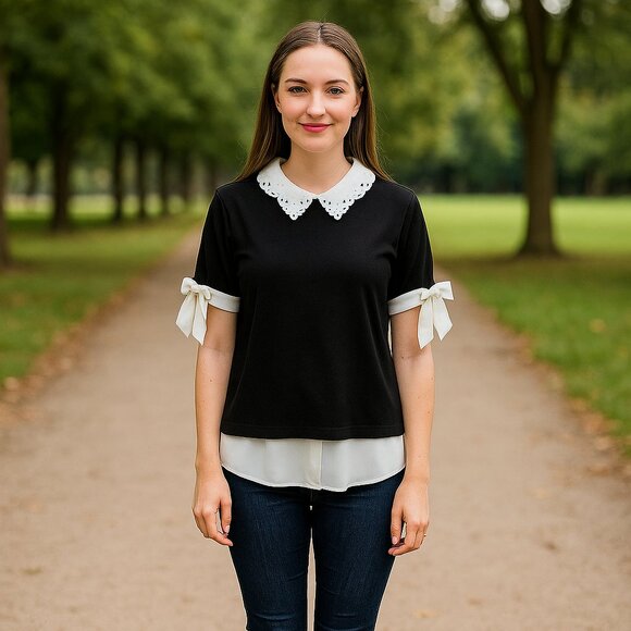 Misia Black White Embroidered Eyelet Collar Bow Sleeve Layered Short Sleeve S** - Picture 1 of 9